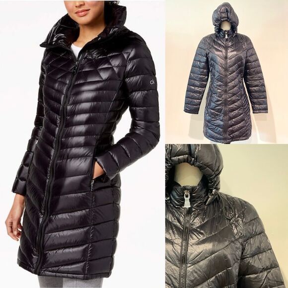 Calvin Klein NWOT Black Puffer Chevron Winter Jacket Hoodee Coat Small - Picture 1 of 15